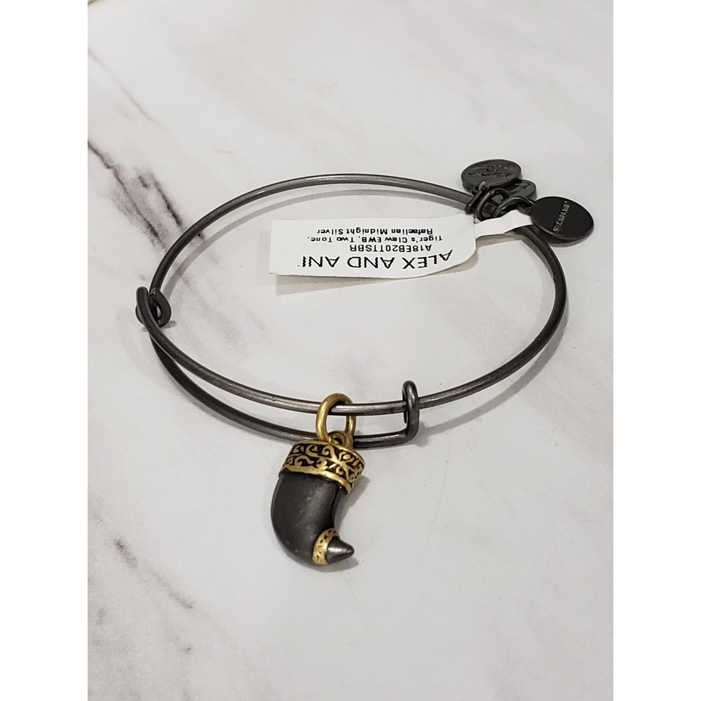 NEW Alex and Ani Tiger's Claw Midnight Silver Two Tone Charm Bangle Bracelet